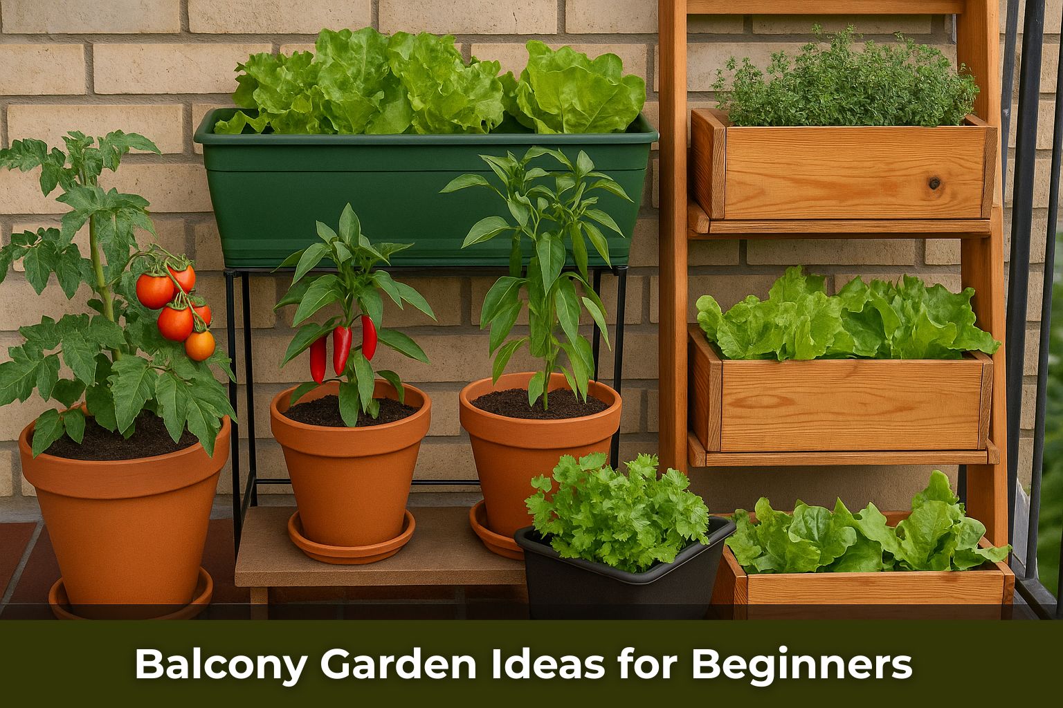 Balcony garden setup for beginners featuring potted tomatoes, chili peppers, lettuce, and herbs—showcasing small space gardening ideas with vertical and container arrangements.